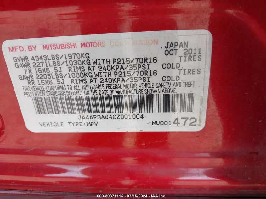 2012 Mitsubishi Outlander Sport Es VIN: JA4AP3AU4CZ001004 Lot: 39871115
