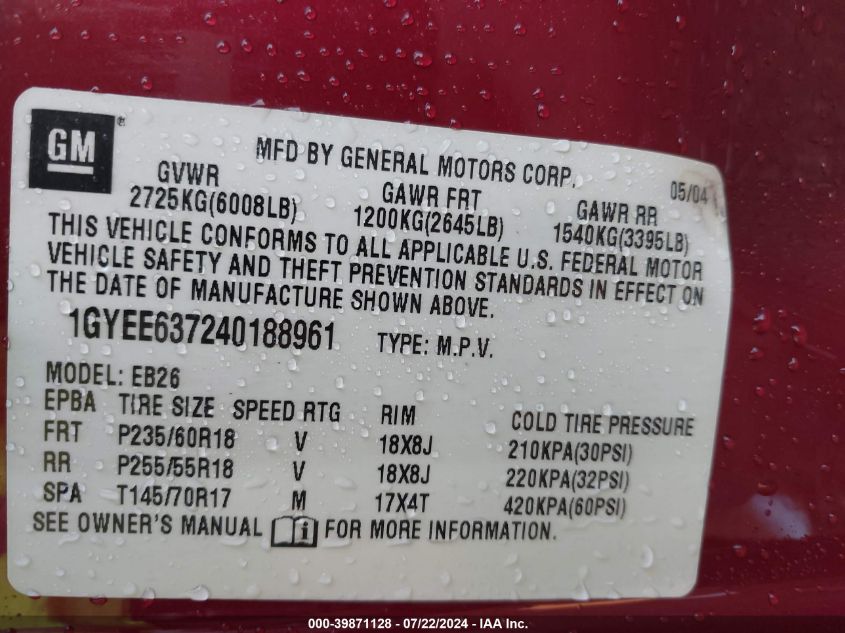 2004 Cadillac Srx Standard VIN: 1GYEE637240188961 Lot: 39871128