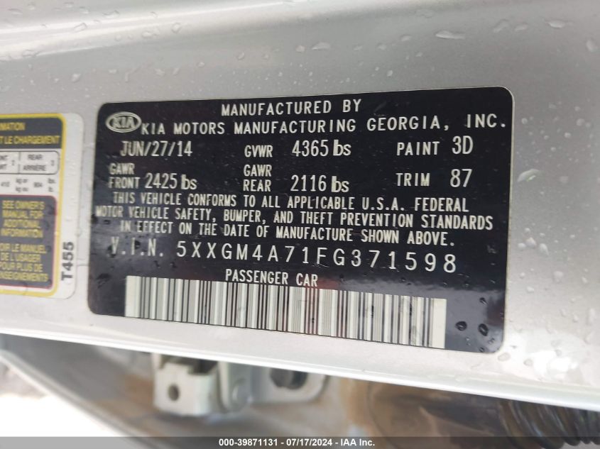 2015 Kia Optima Lx VIN: 5XXGM4A71FG371598 Lot: 39871131