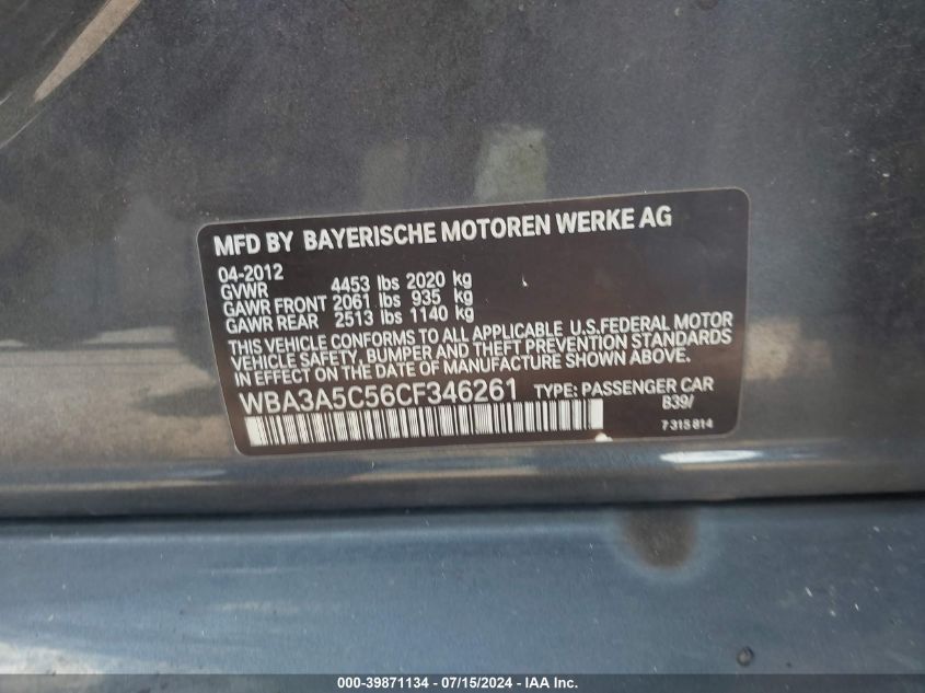 2012 BMW 328I VIN: WBA3A5C56CF346261 Lot: 39871134