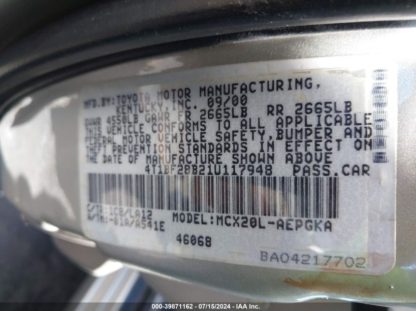 2001 Toyota Avalon Xls VIN: 4T1BF28B21U117948 Lot: 39871162