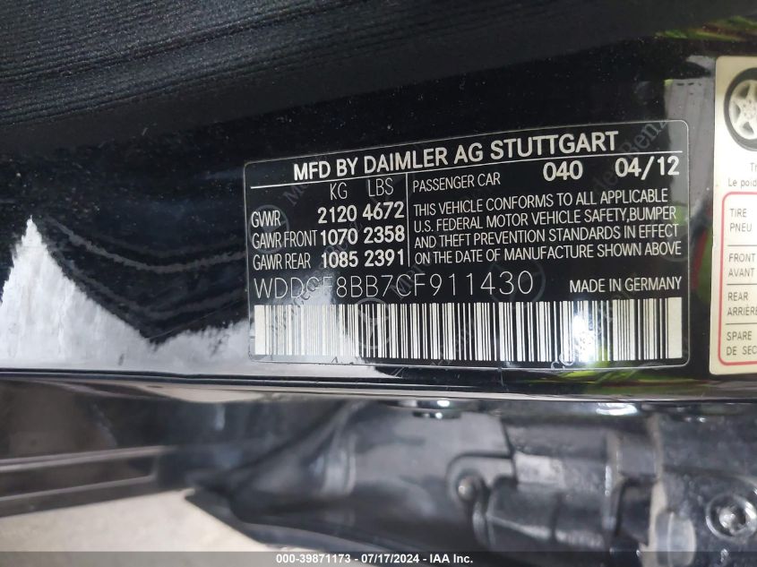 2012 Mercedes-Benz C 300 Luxury 4Matic/Sport 4Matic VIN: WDDGF8BB7CF911430 Lot: 39871173