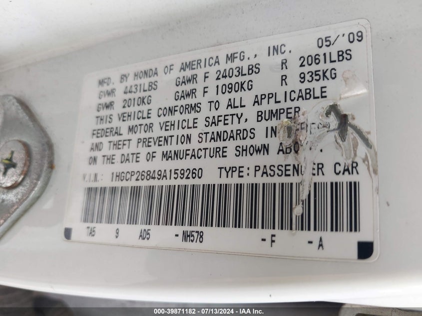 2009 Honda Accord 2.4 Ex-L VIN: 1HGCP26849A159260 Lot: 39871182