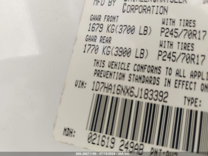 2006 Dodge Ram 1500 Slt VIN: 1D7HA16NX6J183392 Lot: 39871190