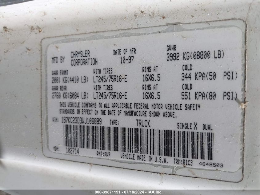 1998 Dodge Ram 2500 St VIN: 1B7KC23D3WJ106889 Lot: 39871191