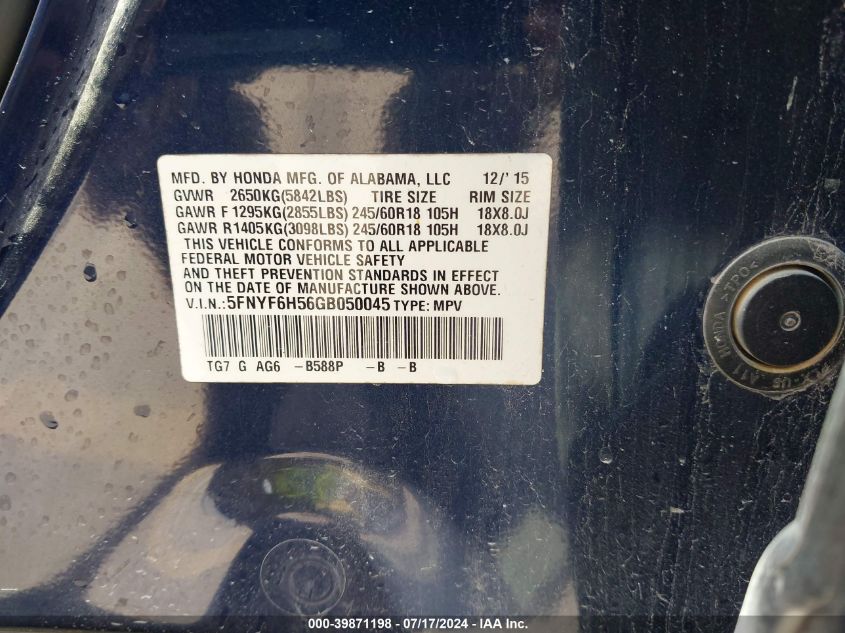 2016 Honda Pilot Exl VIN: 5FNYF6H56GB050045 Lot: 39871198