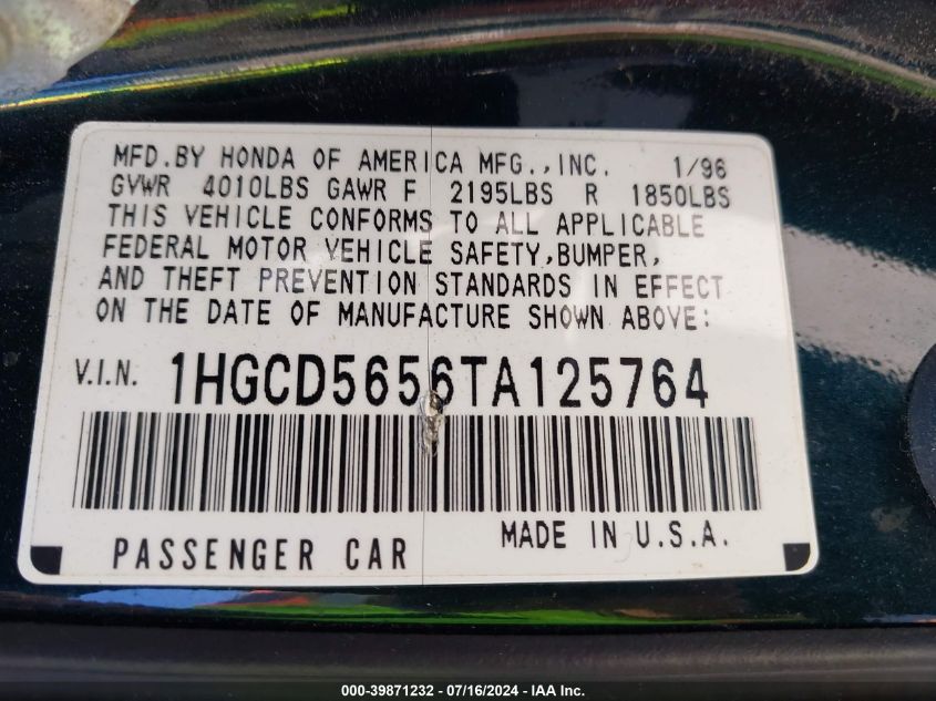 1996 Honda Accord Ex/Ex-R VIN: 1HGCD5656TA125764 Lot: 39871232