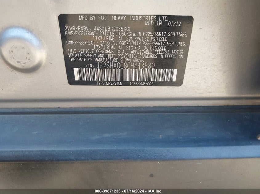 2012 Subaru Forester 2.5X Touring VIN: JF2SHAGC8CH443589 Lot: 39871233