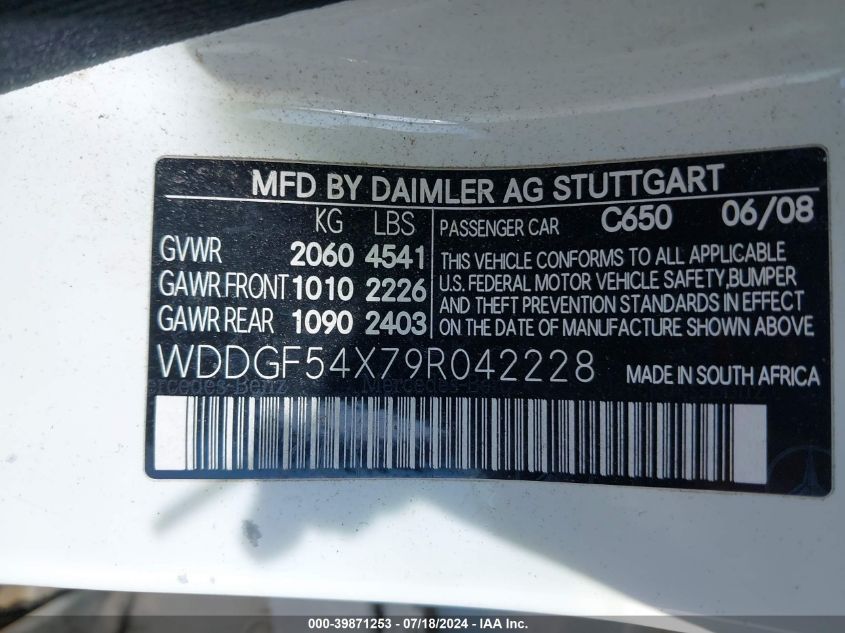 2009 Mercedes-Benz C 300 Luxury/Sport VIN: WDDGF54X79R042228 Lot: 39871253