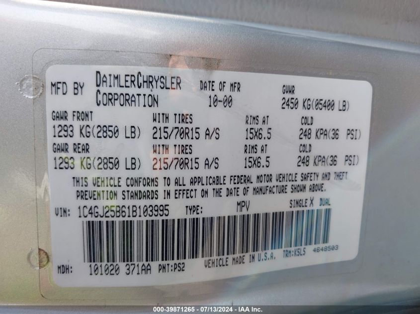 2001 Chrysler Voyager VIN: 1C4GJ25B61B103995 Lot: 39871265