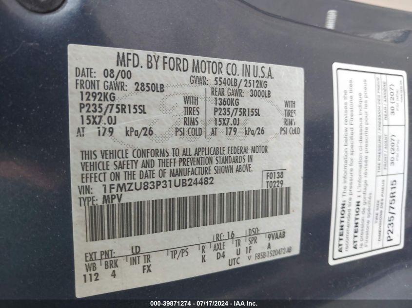 2001 Ford Explorer Xlt VIN: 1FMZU83P31UB24482 Lot: 39871274
