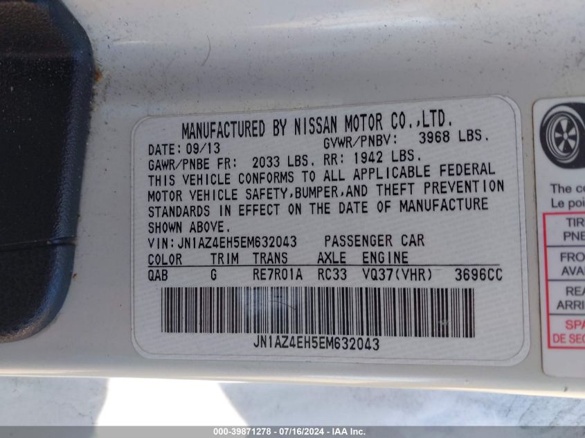 2014 Nissan 370Z VIN: JN1AZ4EH5EM632043 Lot: 39871278