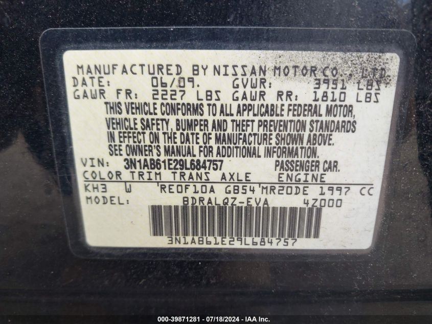 2009 Nissan Sentra 2.0 VIN: 3N1AB61E29L684757 Lot: 39871281