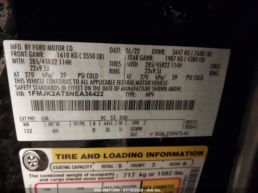 2022 Ford Expedition Limited Max VIN: 1FMJK2AT5NEA36422 Lot: 39871284