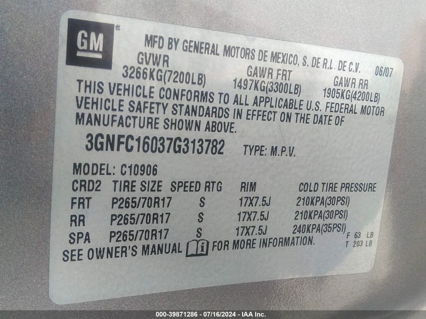 2007 Chevrolet Suburban 1500 Ls VIN: 3GNFC16037G313782 Lot: 39871286