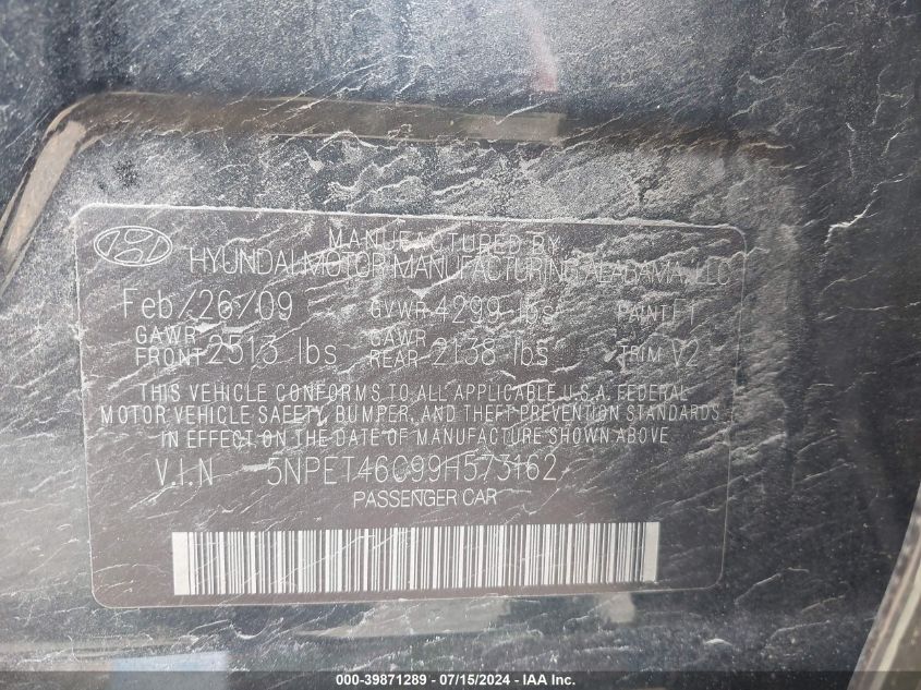 2009 Hyundai Sonata Gls VIN: 5NPET46C99H573162 Lot: 39871289