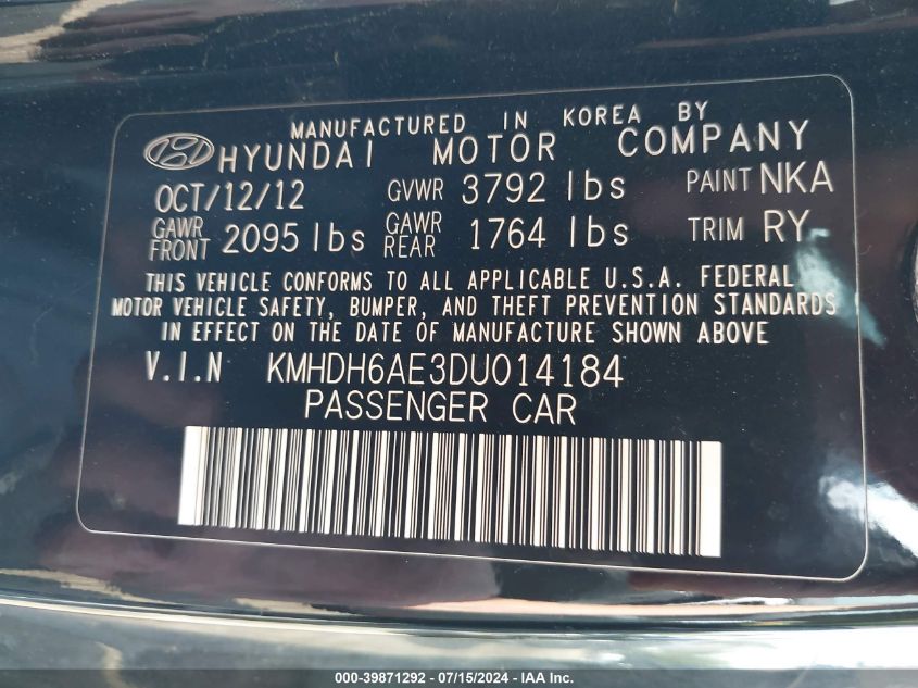 2013 Hyundai Elantra Gs VIN: KMHDH6AE3DU014184 Lot: 39871292