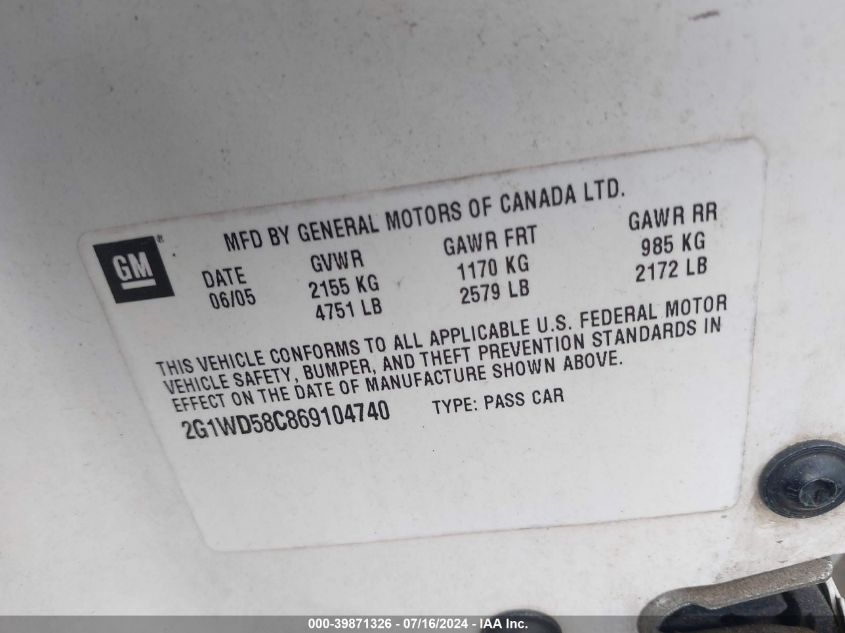 2006 Chevrolet Impala Super Sport VIN: 2G1WD58C869104740 Lot: 39871326