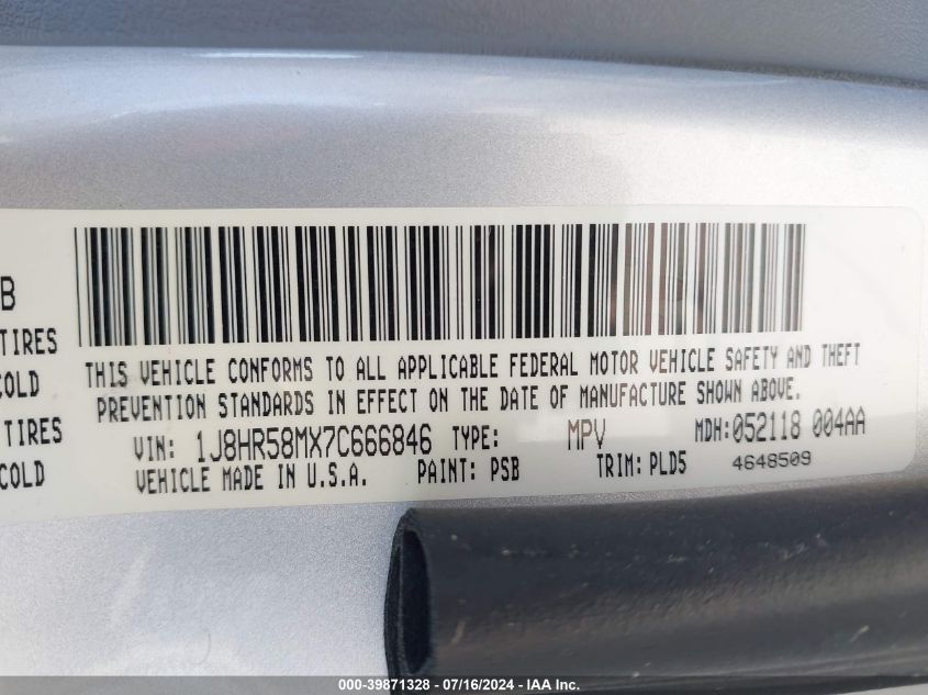 2007 Jeep Grand Cherokee Limited VIN: 1J8HR58MX7C666846 Lot: 39871328