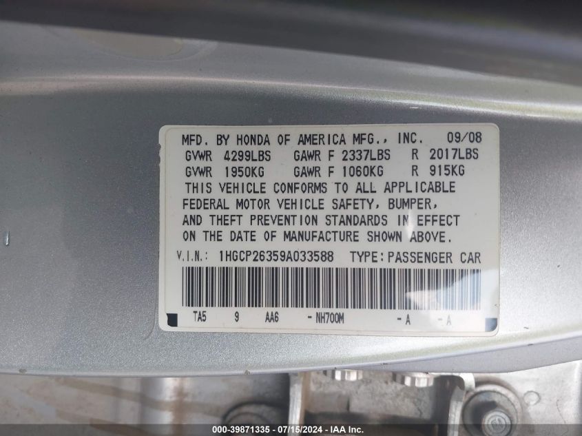 2009 Honda Accord 2.4 Lx VIN: 1HGCP26359A033588 Lot: 39871335