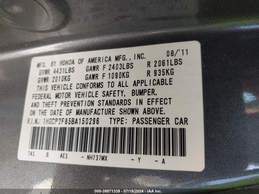 2011 Honda Accord 2.4 Ex-L VIN: 1HGCP2F85BA150296 Lot: 39871339