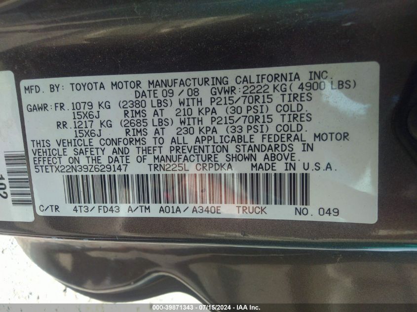 2009 Toyota Tacoma VIN: 5TETX22N39Z629147 Lot: 39871343
