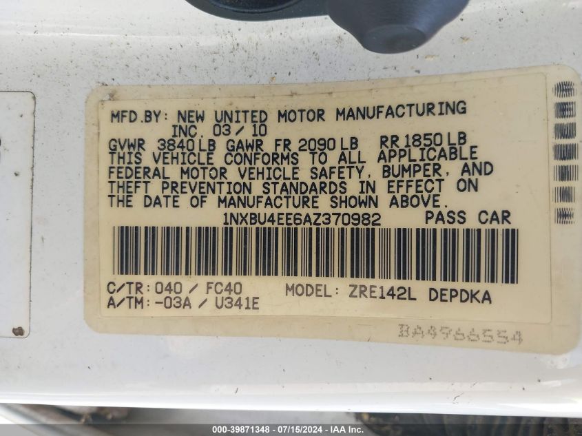 2010 Toyota Corolla Le VIN: 1NXBU4EE6AZ370982 Lot: 39871348