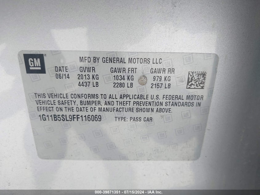2015 Chevrolet Malibu Ls VIN: 1G11B5SL9FF116069 Lot: 39871351