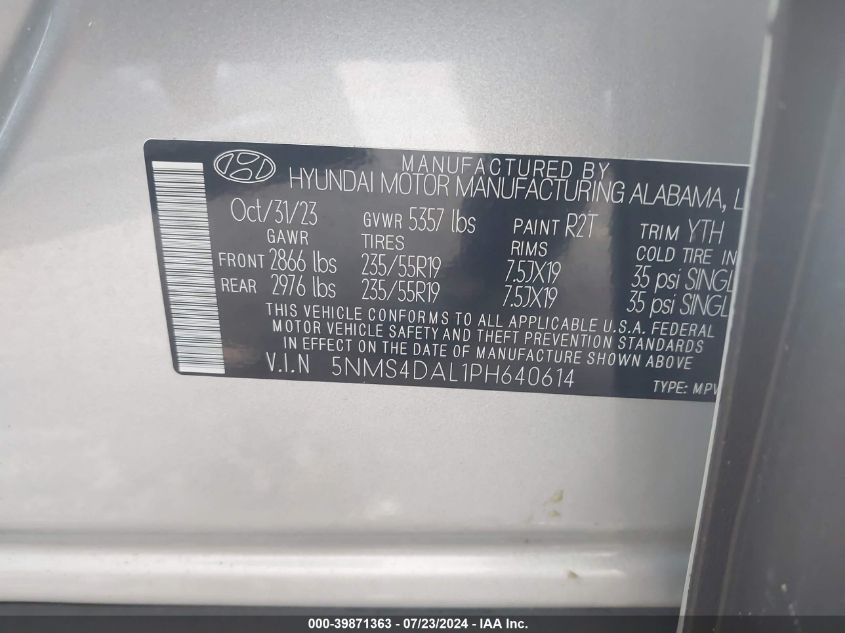 2023 Hyundai Santa Fe Limited VIN: 5NMS4DAL1PH640614 Lot: 39871363