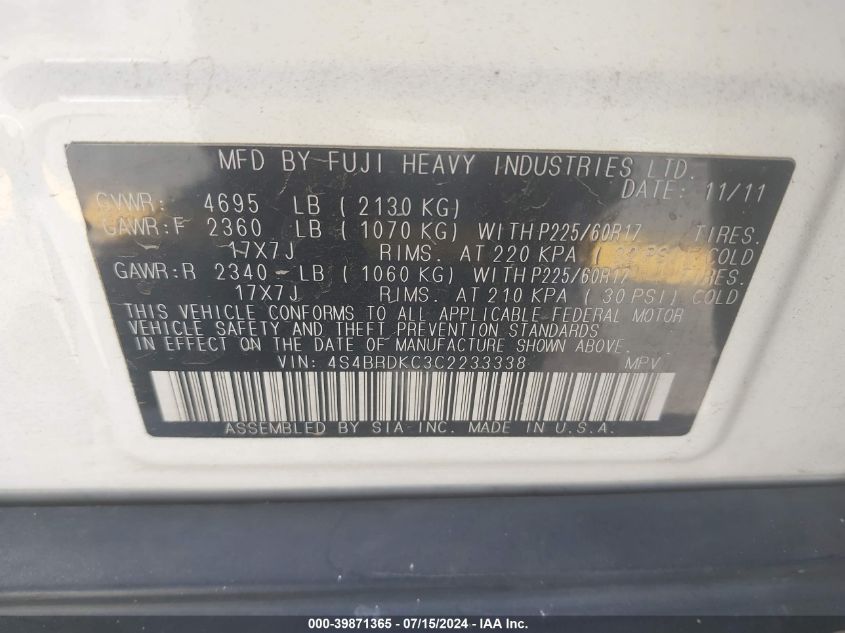 2012 Subaru Outback 3.6R Limited VIN: 4S4BRDKC3C2233338 Lot: 39871365