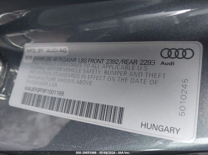 2015 Audi A3 2.0T Premium VIN: WAUEFGFF9F1001169 Lot: 39871369