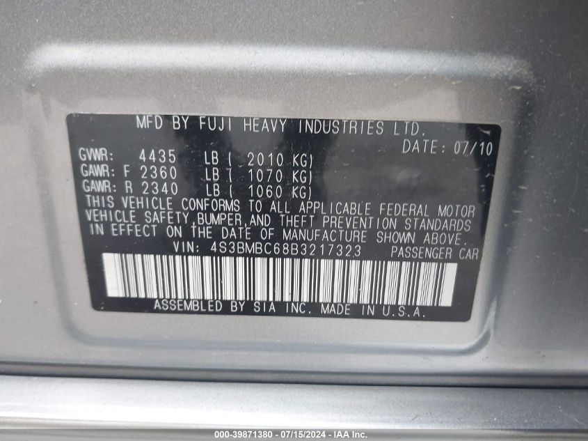 2011 Subaru Legacy 2.5I Premium VIN: 4S3BMBC68B3217323 Lot: 39871380