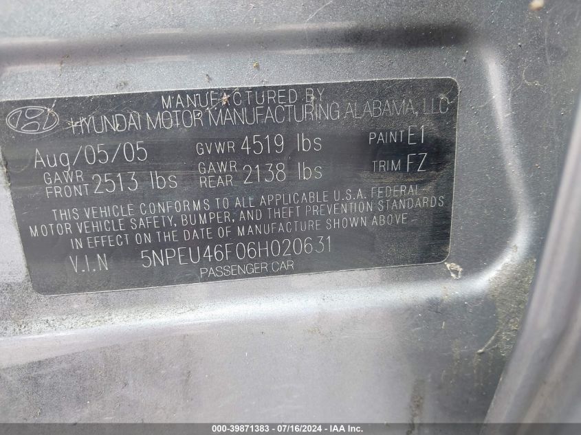 2006 Hyundai Sonata Gls/Lx VIN: 5NPEU46F06H020631 Lot: 39871383