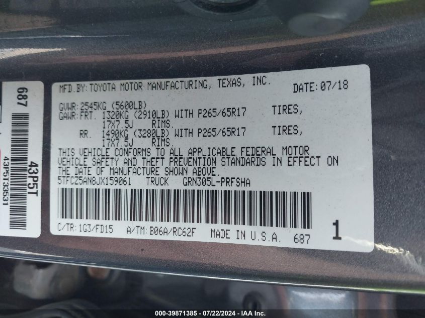 2018 Toyota Tacoma Trd Sport VIN: 5TFCZ5AN8JX159061 Lot: 39871385