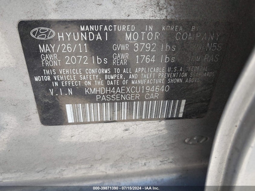2012 Hyundai Elantra Limited (Ulsan Plant) VIN: KMHDH4AEXCU194640 Lot: 39871390