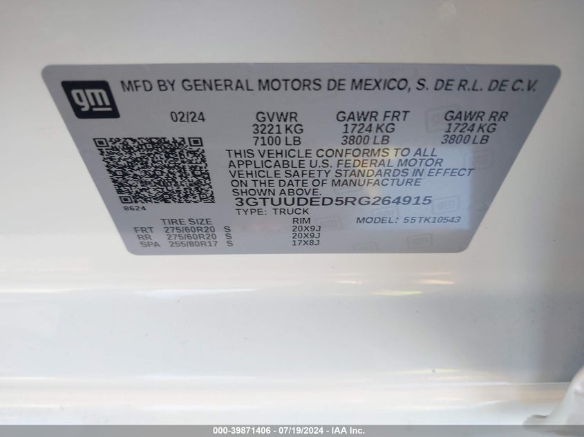 2024 GMC SIERRA 1500 5.3L V-8 DI, VVT, 35(VIN: 3GTUUDED5RG264915