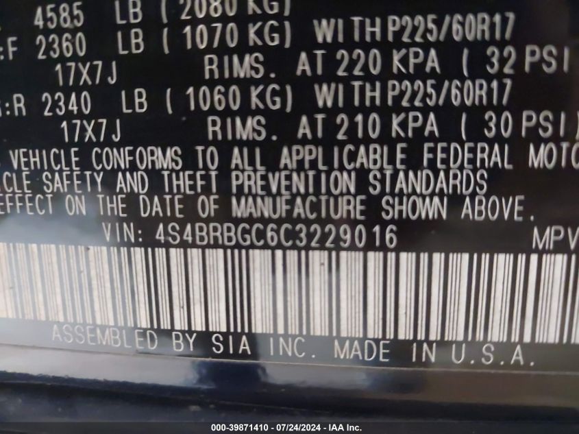 2012 Subaru Outback 2.5I Premium VIN: 4S4BRBGC6C3229016 Lot: 39871410