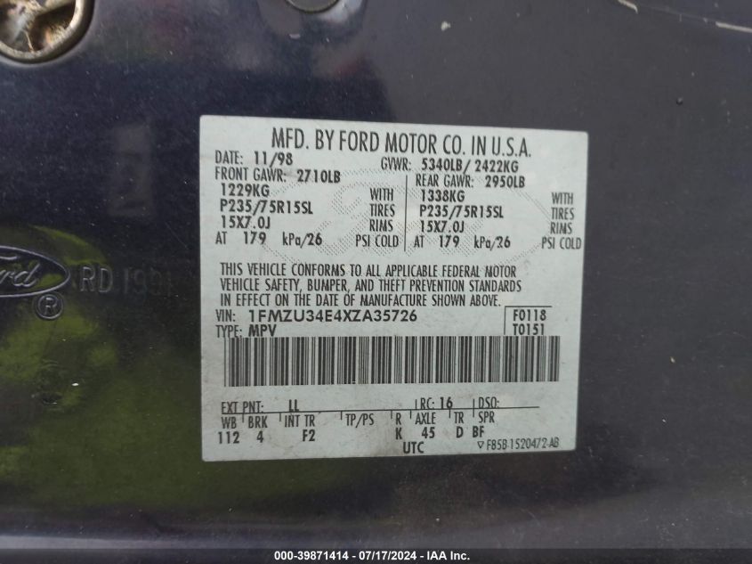 1999 Ford Explorer Eddie Bauer/Limited/Xlt VIN: 1FMZU34E4XZA35726 Lot: 39871414