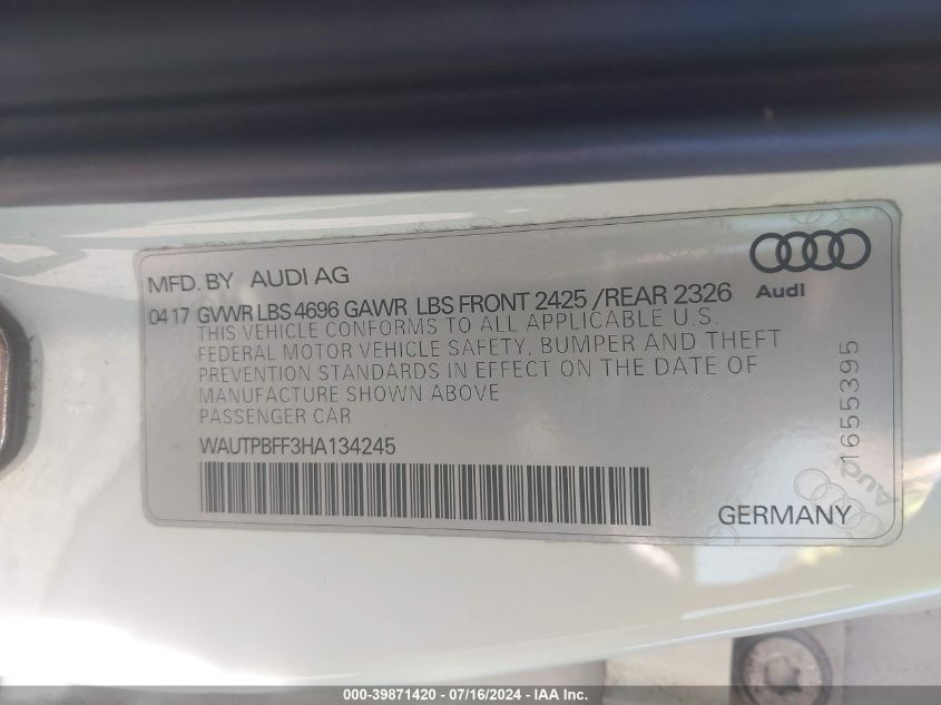 2017 Audi A3 E-Tron E-Tron Premium Plus VIN: WAUTPBFF3HA134245 Lot: 39871420