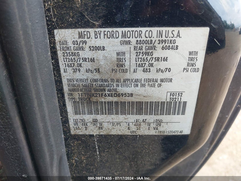 1999 Ford F-250 Lariat/Xl/Xlt VIN: 1FTNX21F6XED69538 Lot: 39871435