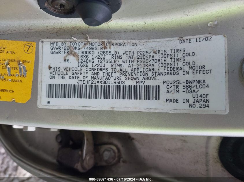 2003 Toyota Highlander Limited VIN: JTEHF21AX30119503 Lot: 39871436