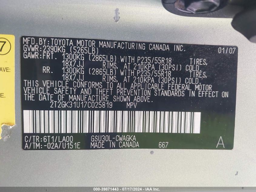 2007 Lexus Rx 350 VIN: 2T2GK31U17C025819 Lot: 39871443