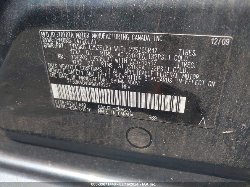 2010 Toyota Rav4 Limited V6 VIN: 2T3DK4DV8AW018297 Lot: 39871440