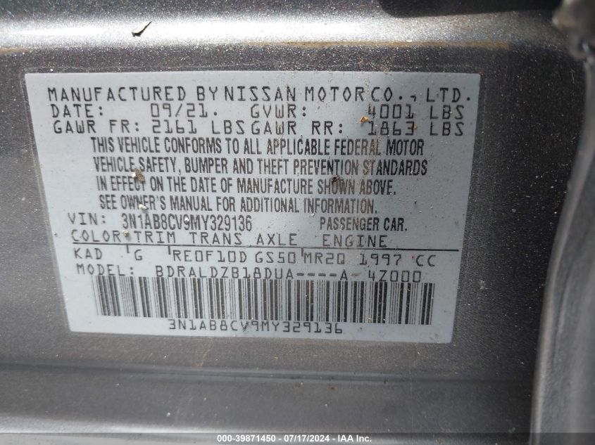 2021 Nissan Sentra Sv Xtronic Cvt VIN: 3N1AB8CV9MY329136 Lot: 39871450