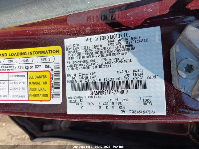 2017 Ford Fusion Titanium VIN: 3FA6P0K91HR270809 Lot: 39871452