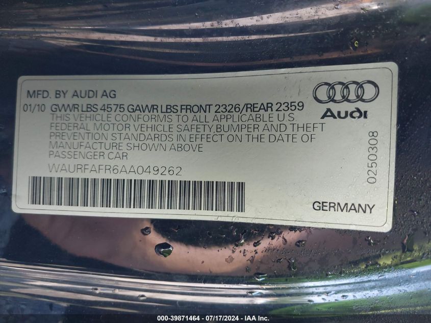 2010 Audi A5 2.0T Premium VIN: WAURFAFR6AA049262 Lot: 39871464