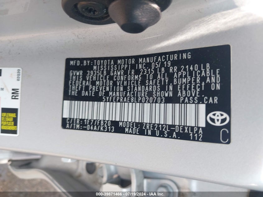 VIN 5YFEPRAE8LP020703 2020 TOYOTA COROLLA LE