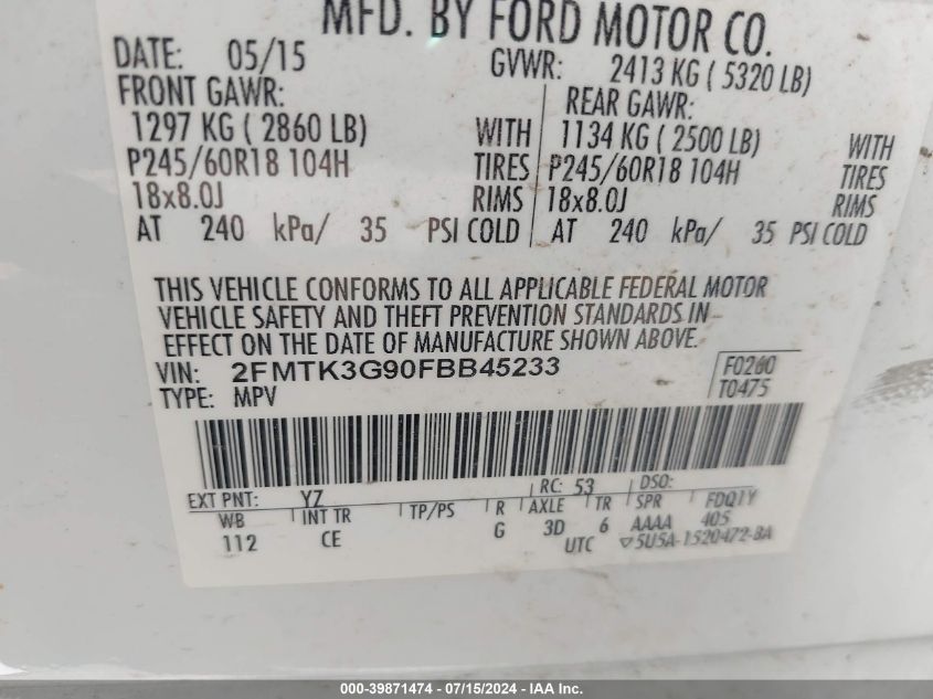 2015 Ford Edge Se VIN: 2FMTK3G90FBB45233 Lot: 39871474