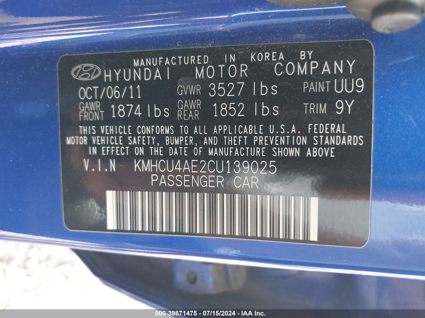 2012 Hyundai Accent Gls VIN: KMHCU4AE2CU139025 Lot: 39871475