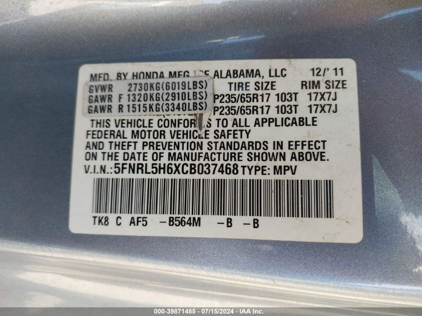 2012 Honda Odyssey Ex-L VIN: 5FNRL5H6XCB037468 Lot: 39871485